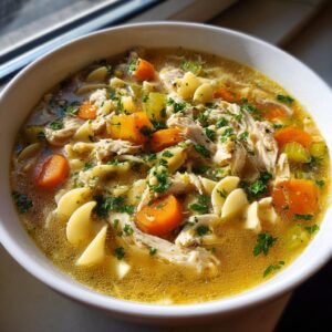 A close-up of a bowl of comforting chicken noodle soup, filled with shredded chicken, egg noodles, carrots, celery, and fresh parsley.