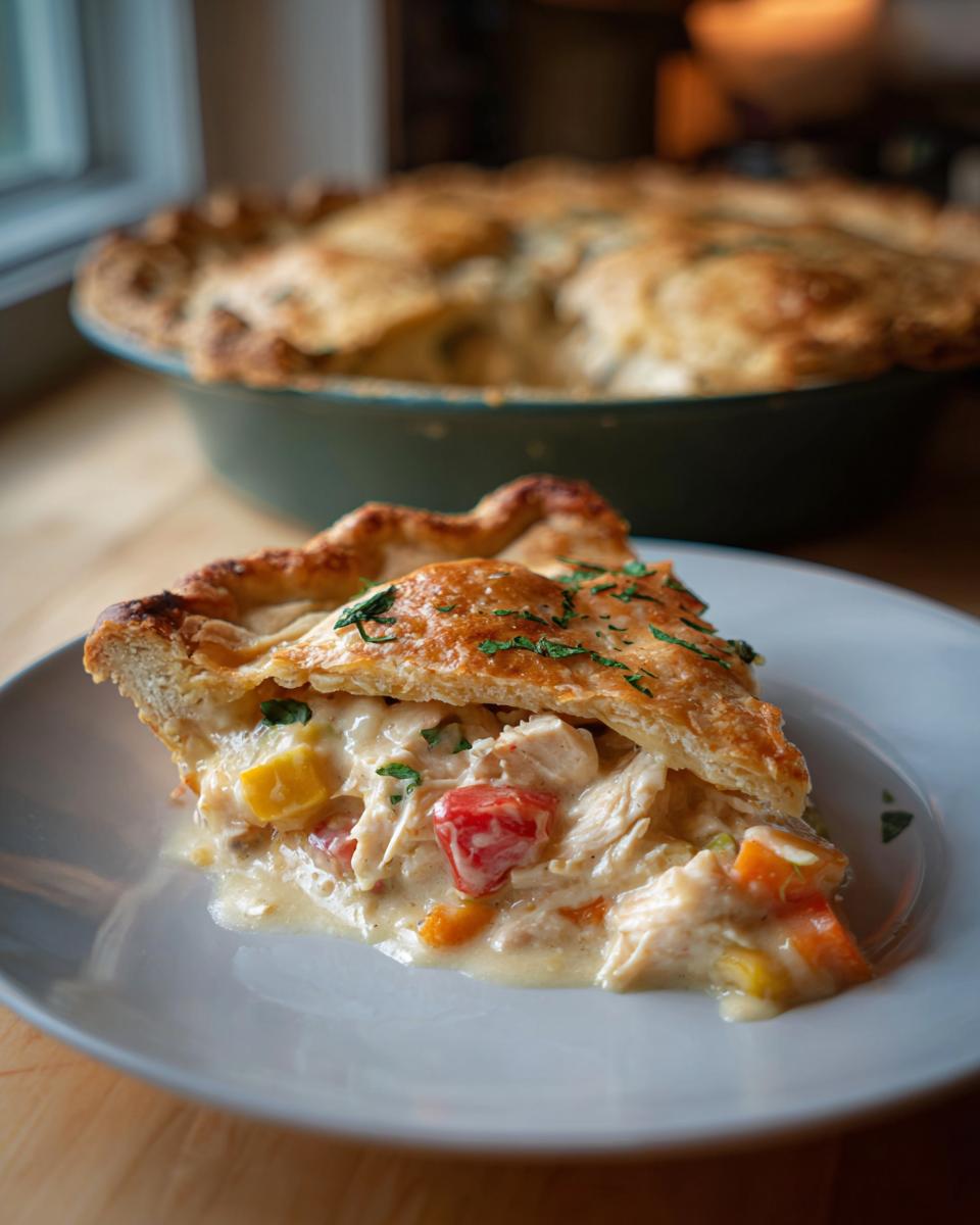 A close-up of a slice of tender chicken pot pie, showing shredded chicken and colorful vegetables in a creamy sauce.