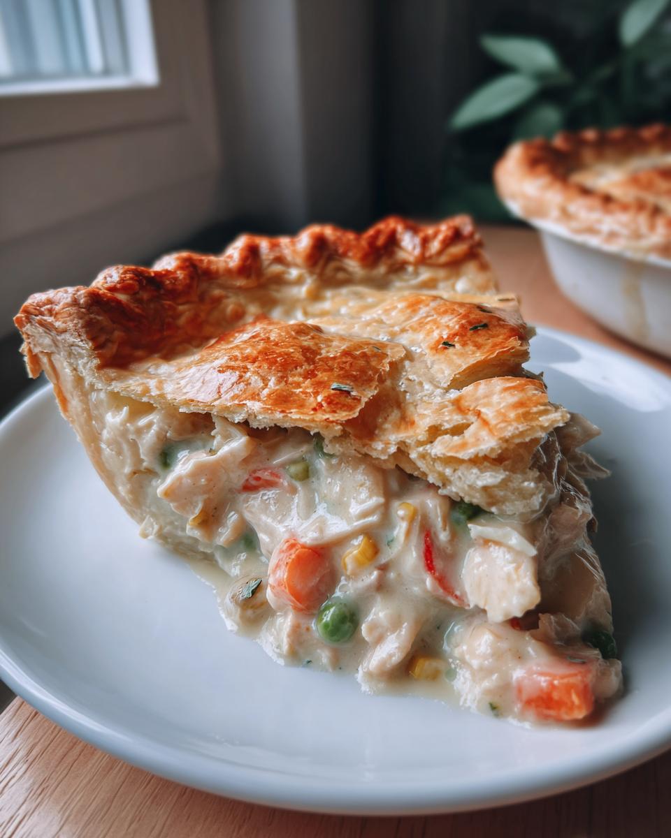 A close-up of a slice of tender chicken pot pie, filled with creamy chicken and vegetables, on a white plate.