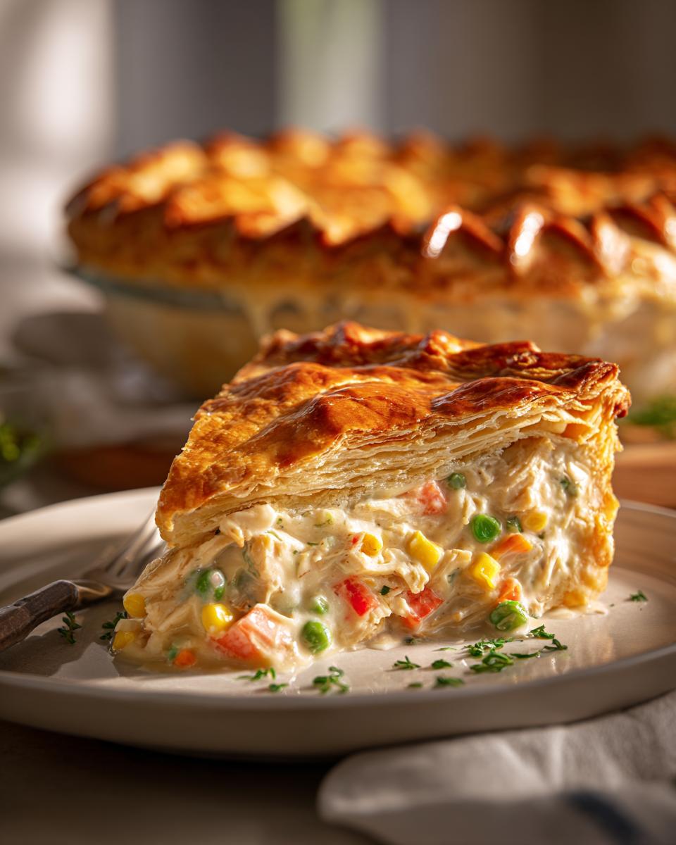 A generous slice of tender chicken pot pie with a flaky golden crust, filled with chicken and vegetables.