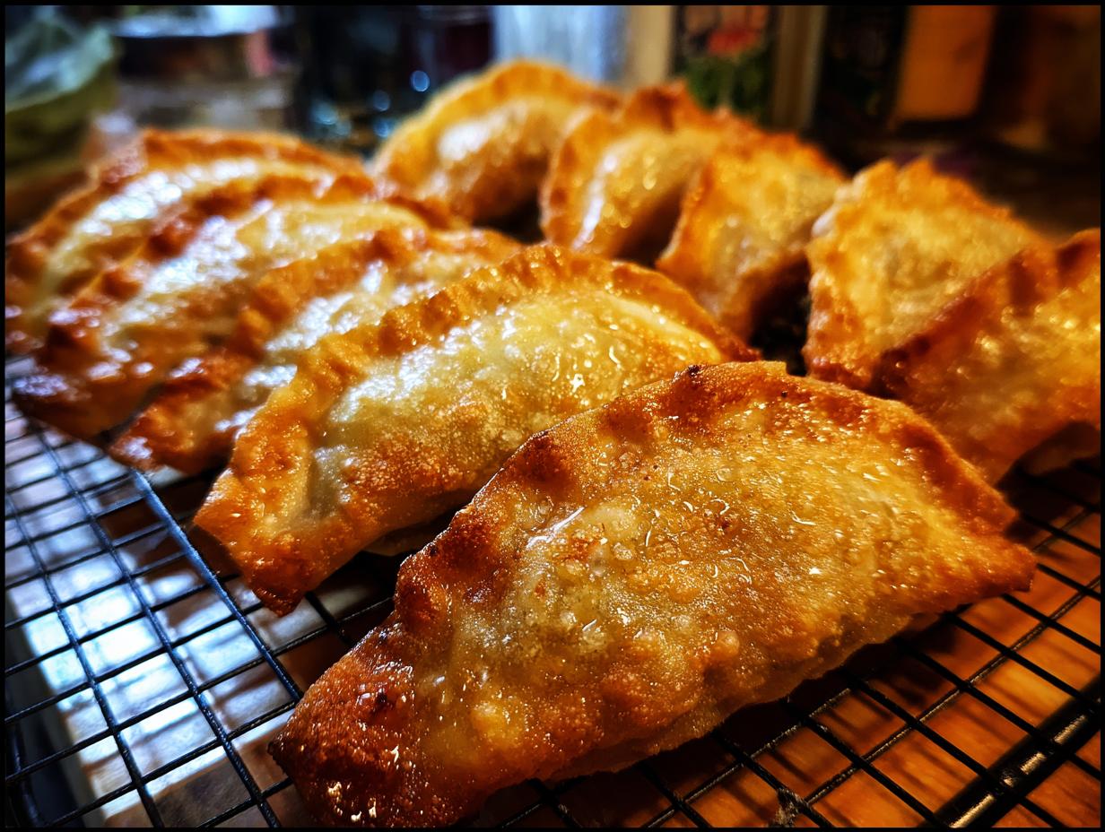Close-up of freshly fried chicken potstickers with golden-brown crispy wrappers arranged on a black wire cooling rack.