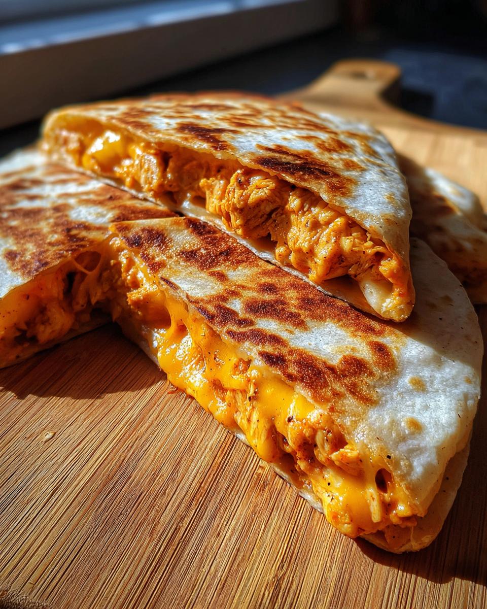 Close-up of a golden-brown chicken quesadilla, cut into wedges, revealing shredded chicken and melted cheese.