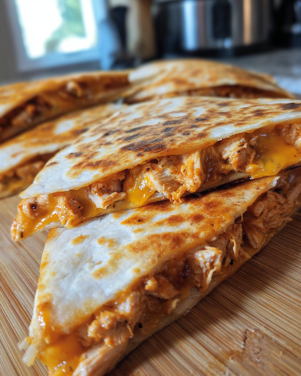 Close-up of a cheesy chicken quesadilla cut into wedges, showcasing shredded chicken and melted cheese.
