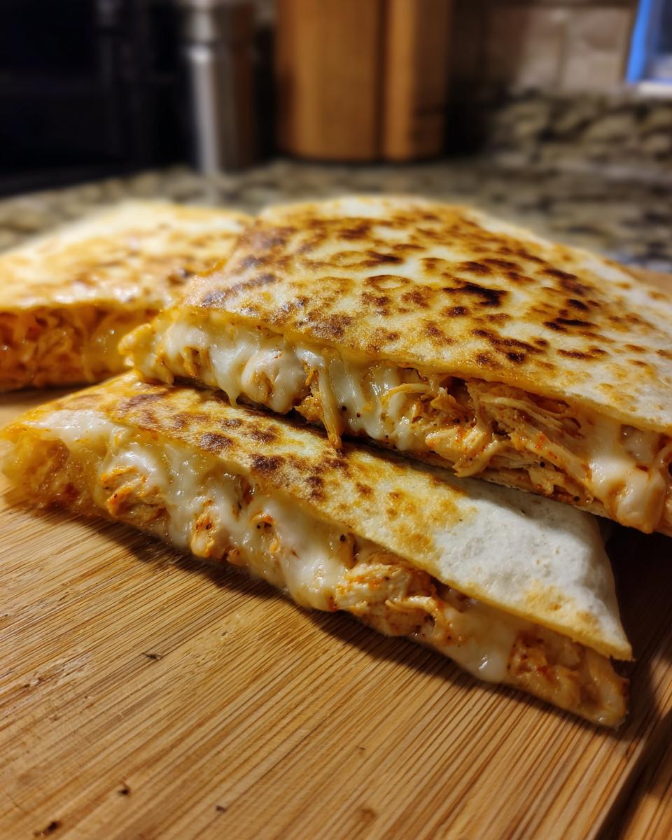 Close-up of a golden-brown chicken quesadilla, cut into wedges, with gooey melted cheese spilling out.