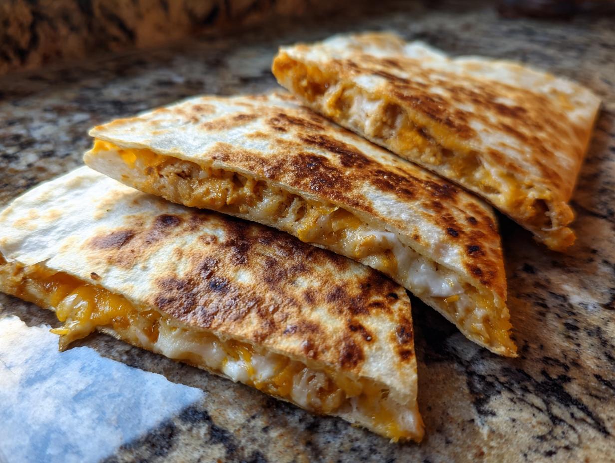 Close-up of three golden-brown chicken quesadilla slices filled with melted cheese and chicken.