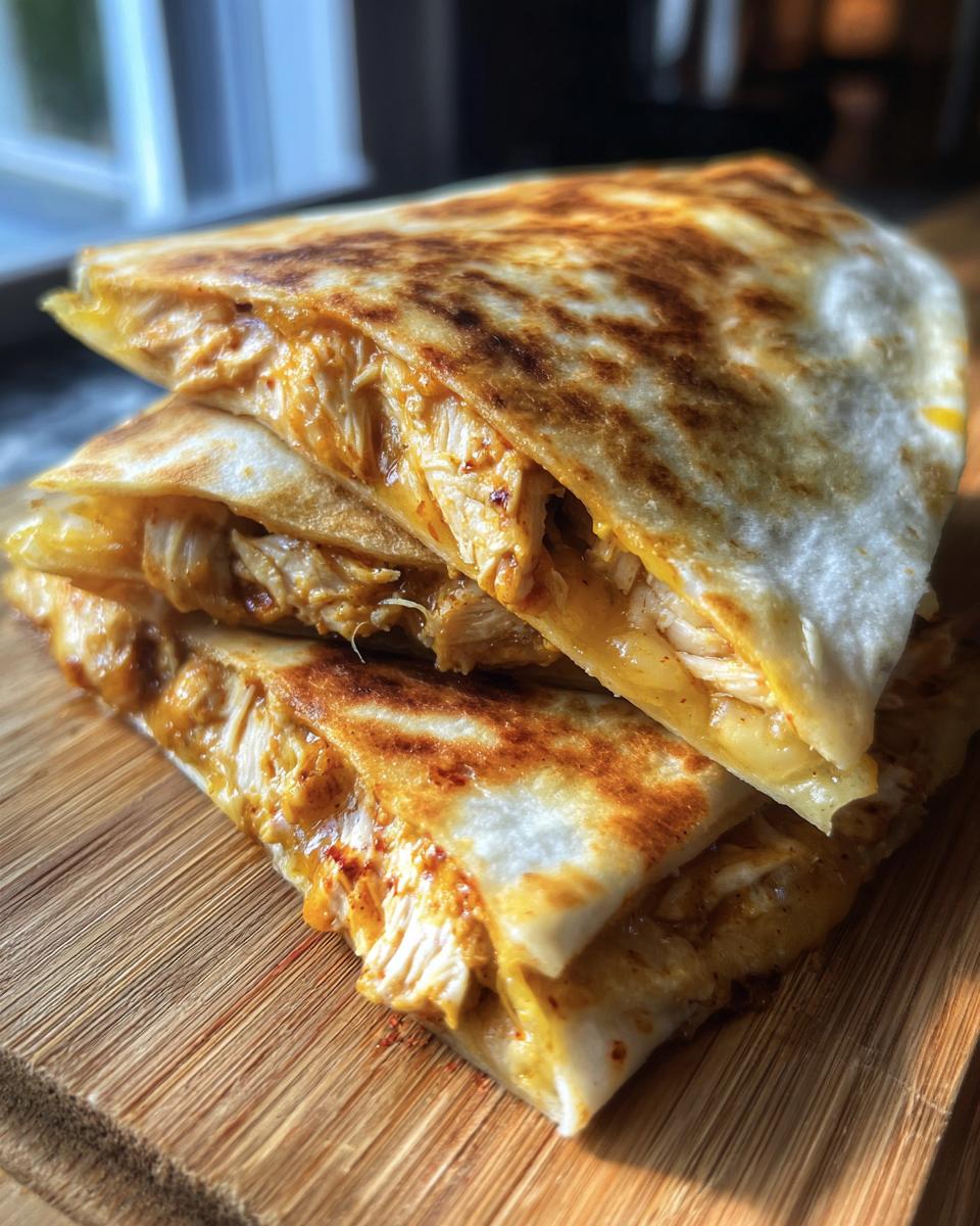 A close-up of a golden-brown chicken quesadilla, cut into wedges and stacked on a wooden board.