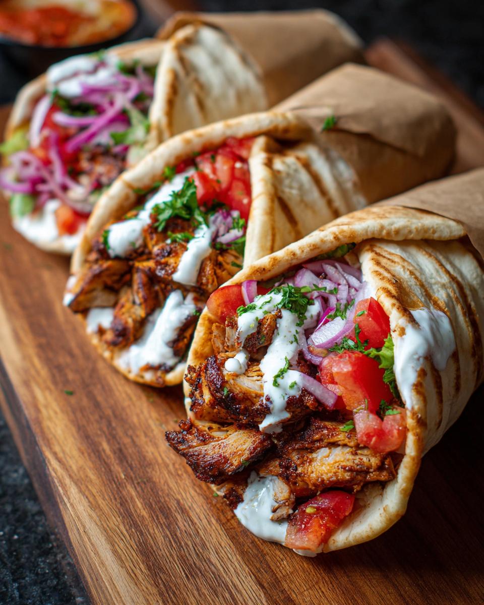 Three delicious Chicken Shawarma Wraps filled with seasoned chicken, tomatoes, red onions, and creamy sauce on a wooden board.