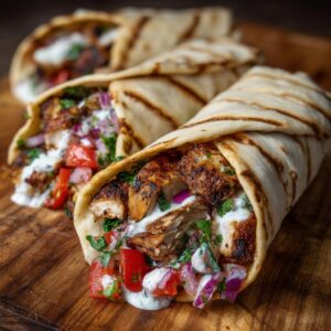 Close-up of three delicious Chicken Shawarma Wraps filled with grilled chicken, tomatoes, onions, and sauce.