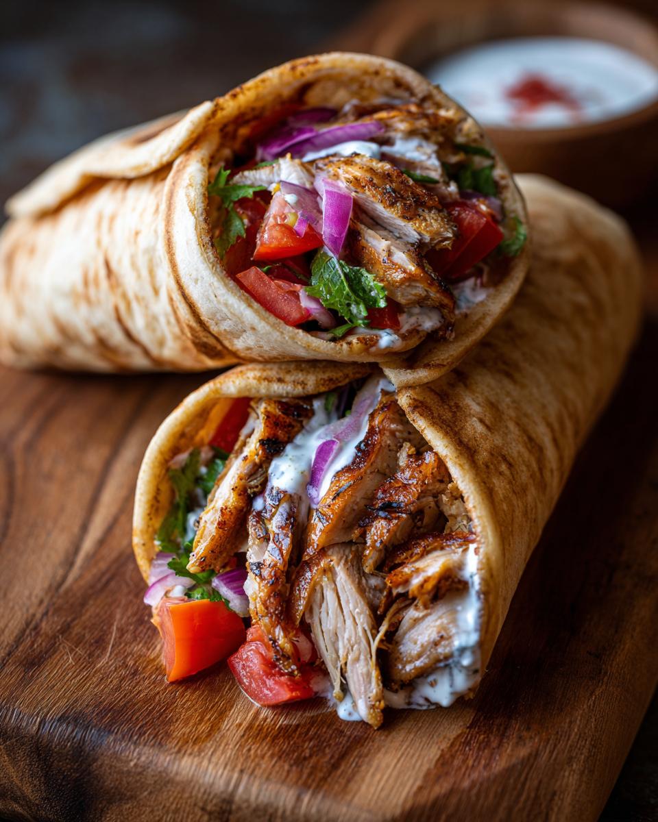 Two delicious Chicken Shawarma Wraps filled with seasoned chicken, tomatoes, onions, and sauce on a wooden board.