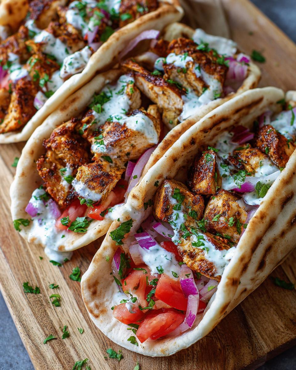 Close-up of three delicious Chicken Shawarma Wraps filled with seasoned chicken, tomatoes, red onions, and drizzled with yogurt sauce.