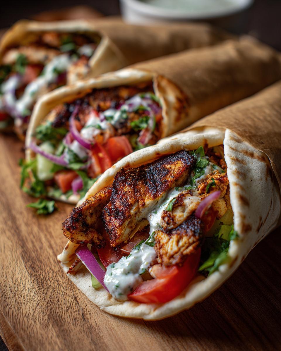 Three juicy Chicken Shawarma Wraps filled with grilled chicken, tomatoes, cucumbers, red onions, and sauce, presented on a wooden board.