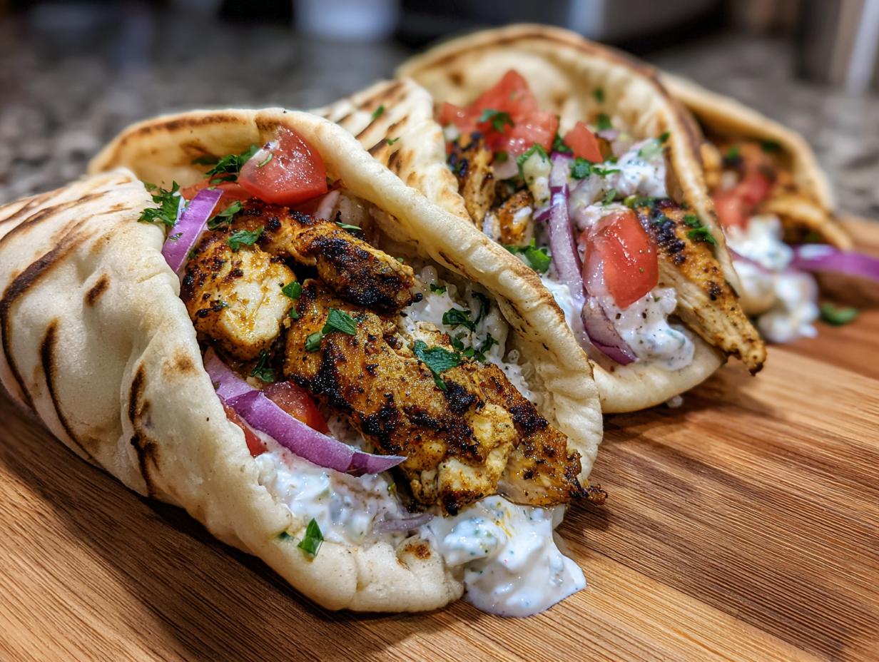 Close-up of delicious Chicken Shawarma Wraps filled with grilled chicken, tomatoes, red onion, and creamy sauce.