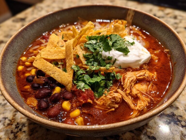 A close-up of a hearty bowl of Zesty Chicken Tortilla Soup, topped with sour cream, cilantro, and tortilla strips.