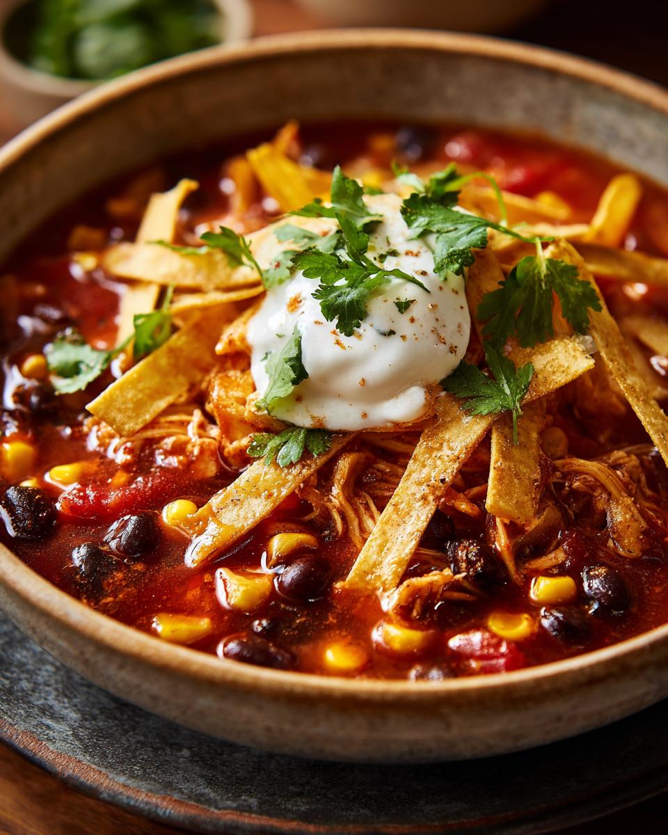 A close-up of a bowl of chicken tortilla soup, topped with sour cream, cilantro, and tortilla strips.