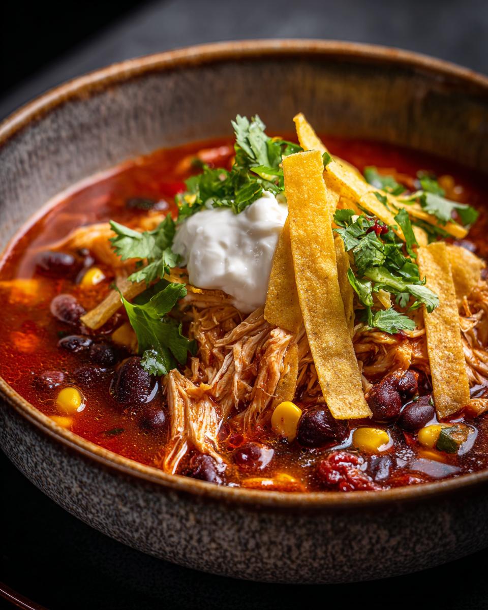 A close-up of a bowl of zesty chicken tortilla soup, topped with sour cream, cilantro, and tortilla strips.
