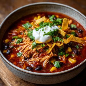 A close-up of a bowl of zesty chicken tortilla soup, topped with shredded chicken, sour cream, tortilla strips, and cilantro.