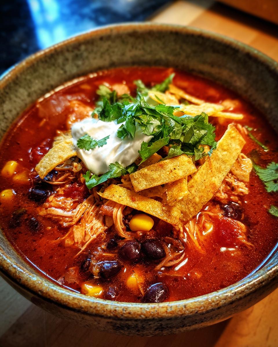 A close-up of a steaming bowl of zesty chicken tortilla soup, topped with sour cream, cilantro, tortilla strips, and cheese.
