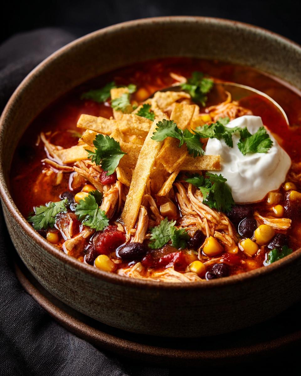 A close-up of a bowl of zesty chicken tortilla soup with shredded chicken, black beans, corn, and tortilla strips, topped with sour cream and cilantro.