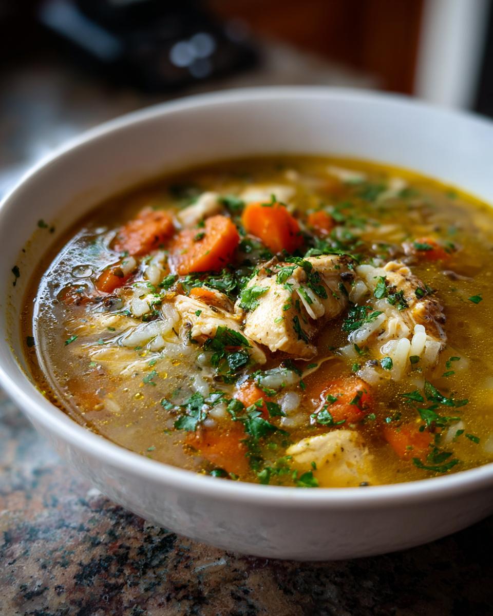 A close-up of a bowl of chicken wild rice soup, featuring tender chicken, wild rice, carrots, and fresh parsley.