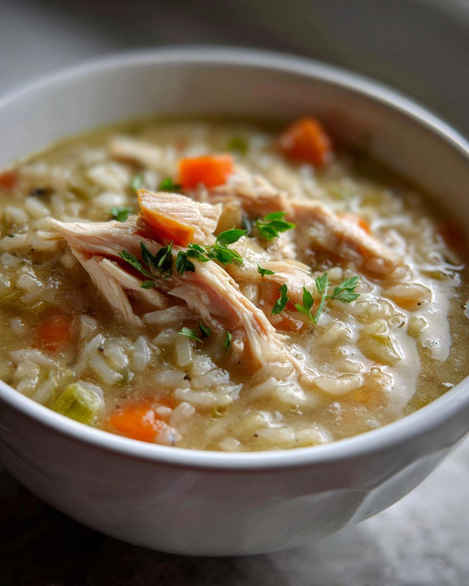 Close-up of a bowl of chicken wild rice soup, featuring shredded chicken, rice, carrots, and fresh parsley garnish.