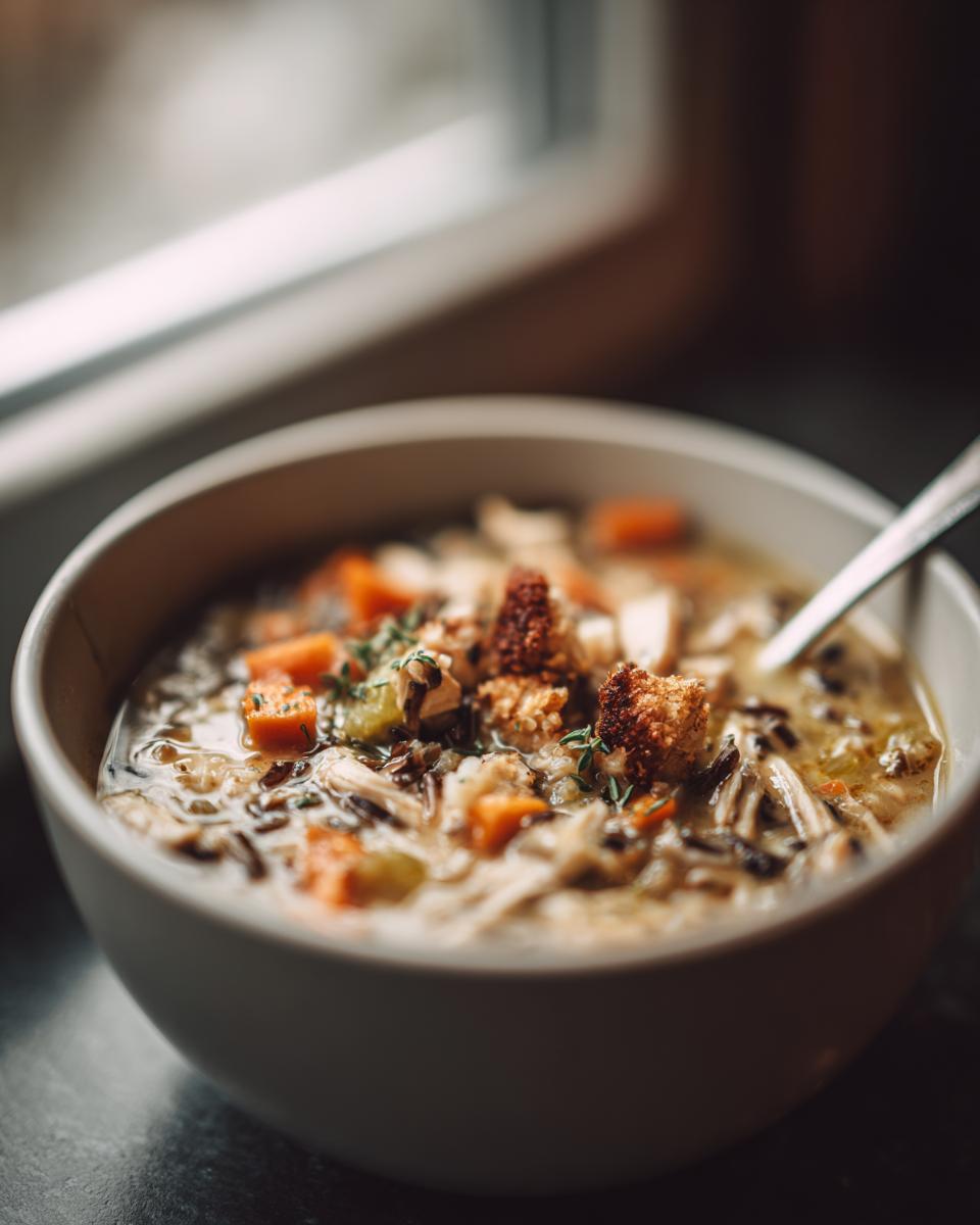 A close-up of a bowl of chicken wild rice soup, featuring shredded chicken, wild rice, carrots, and croutons.