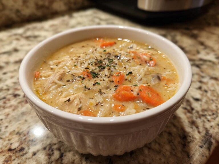 A close-up of a white bowl filled with creamy chicken wild rice soup, featuring shredded chicken, rice, carrots, and herbs.