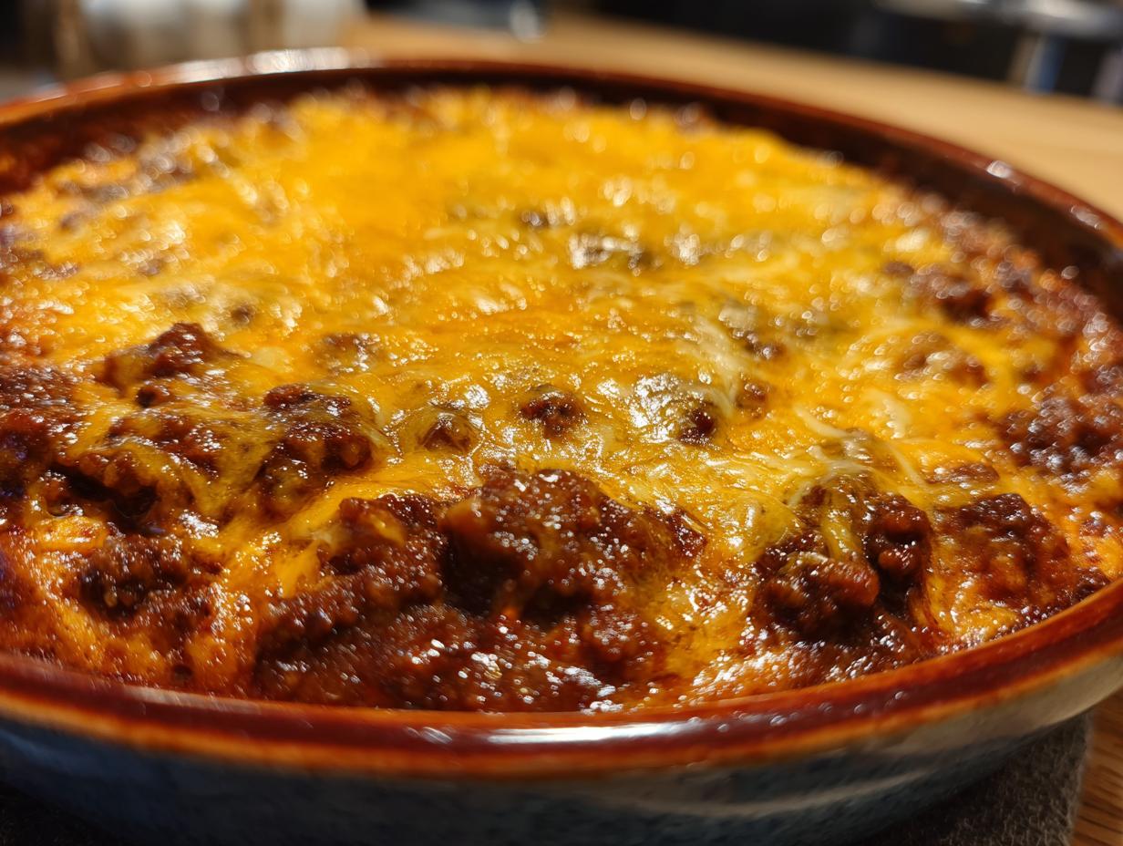 Close-up of a bubbling chili cheese dip in a baking dish, topped with melted cheddar cheese.