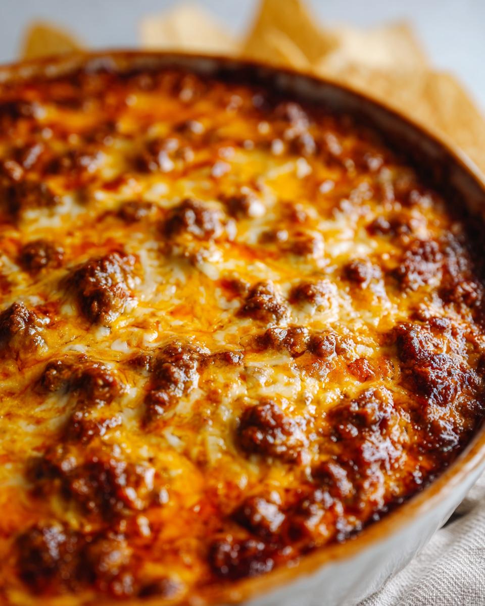 A close-up view of bubbling, cheesy chili cheese dip in a baking dish, ready to be served.