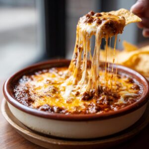 A tortilla chip scooping up gooey, melted cheese from a bowl of hot chili cheese dip.