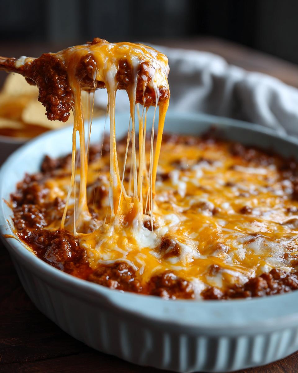 A spoonful of gooey chili cheese dip, with long strands of melted cheese stretching from the dish.