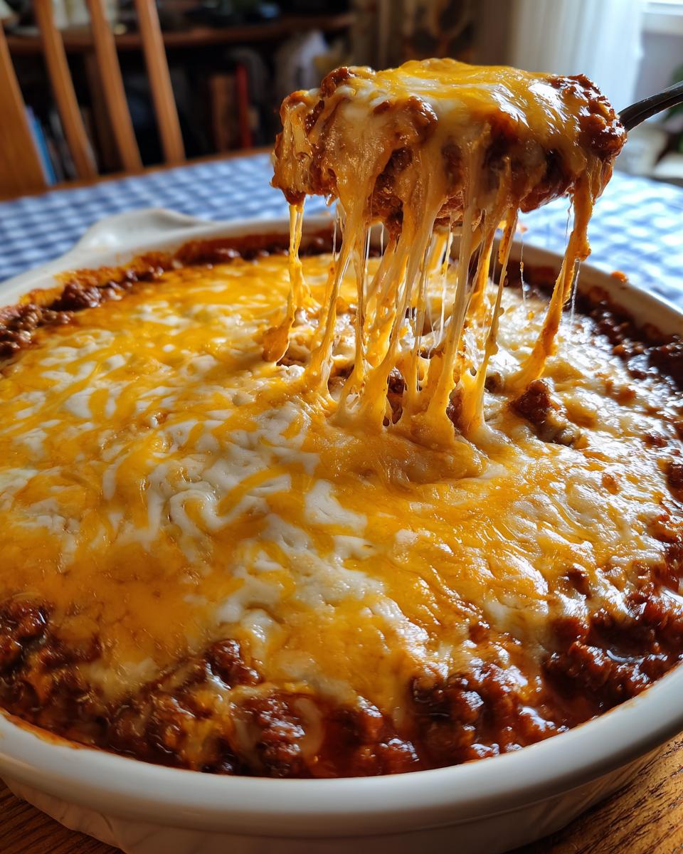 A scoop of hot chili cheese dip being lifted from a baking dish, showing long strands of melted cheese.