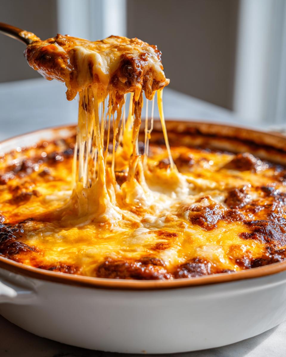 A spoonful of hot chili cheese dip with long, gooey cheese strands being lifted from a baking dish.
