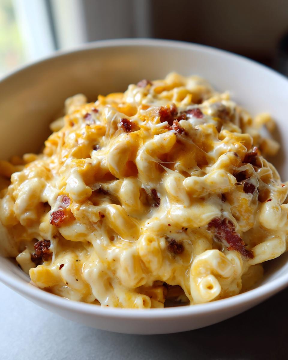 A close-up of a bowl of creamy Chili Mac and Cheese topped with melted cheese and bacon bits.