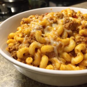 A close-up of a white bowl filled with hearty chili mac and cheese, featuring elbow macaroni and melted cheese.