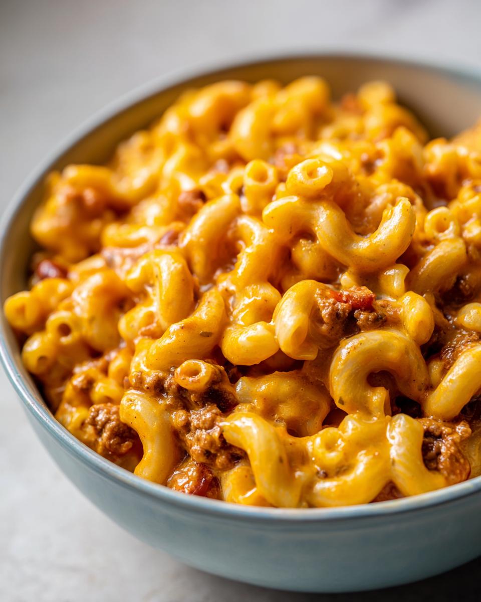 A close-up shot of a bowl filled with creamy chili mac and cheese, featuring elbow macaroni and seasoned ground beef.