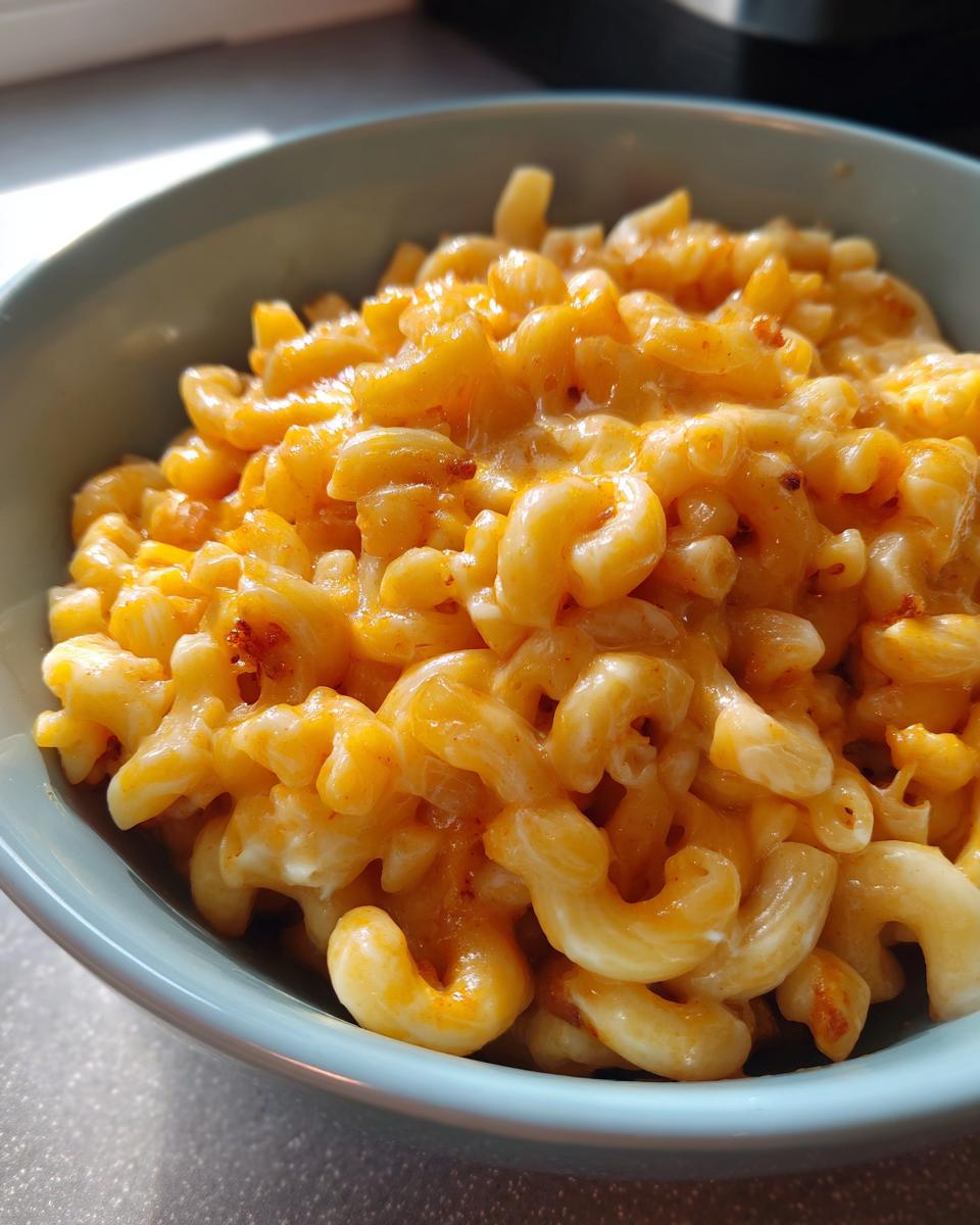 Close-up of a bowl filled with creamy Chili Mac and Cheese, featuring elbow macaroni coated in a rich orange sauce.