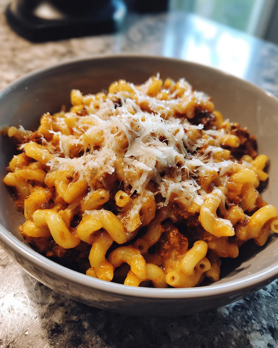 A close-up of a bowl filled with hearty Chili Mac and Cheese, topped with shredded cheese.