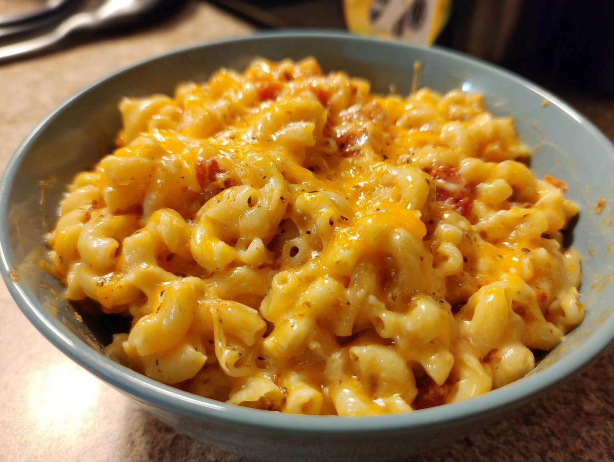 A close-up of a bowl filled with creamy Chili Mac and Cheese, topped with melted cheddar.
