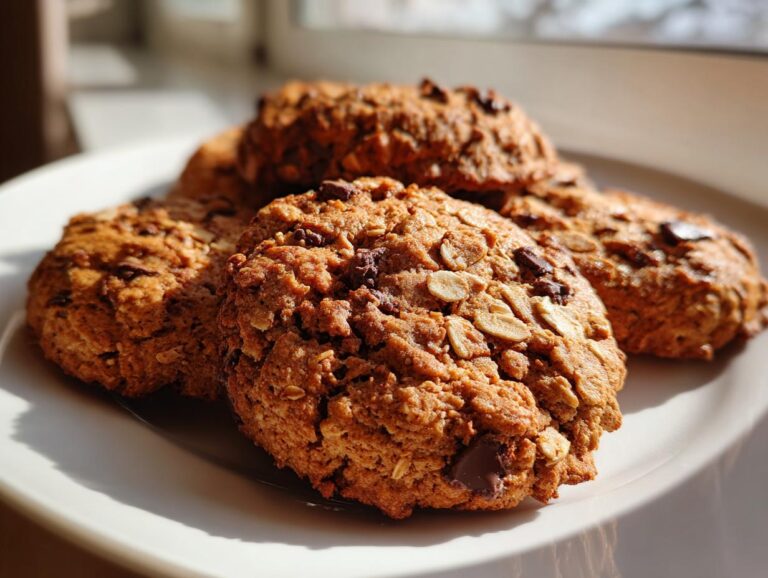 Close-up of several delicious chocolate chip breakfast cookies on a white plate, topped with oats and chocolate chips.