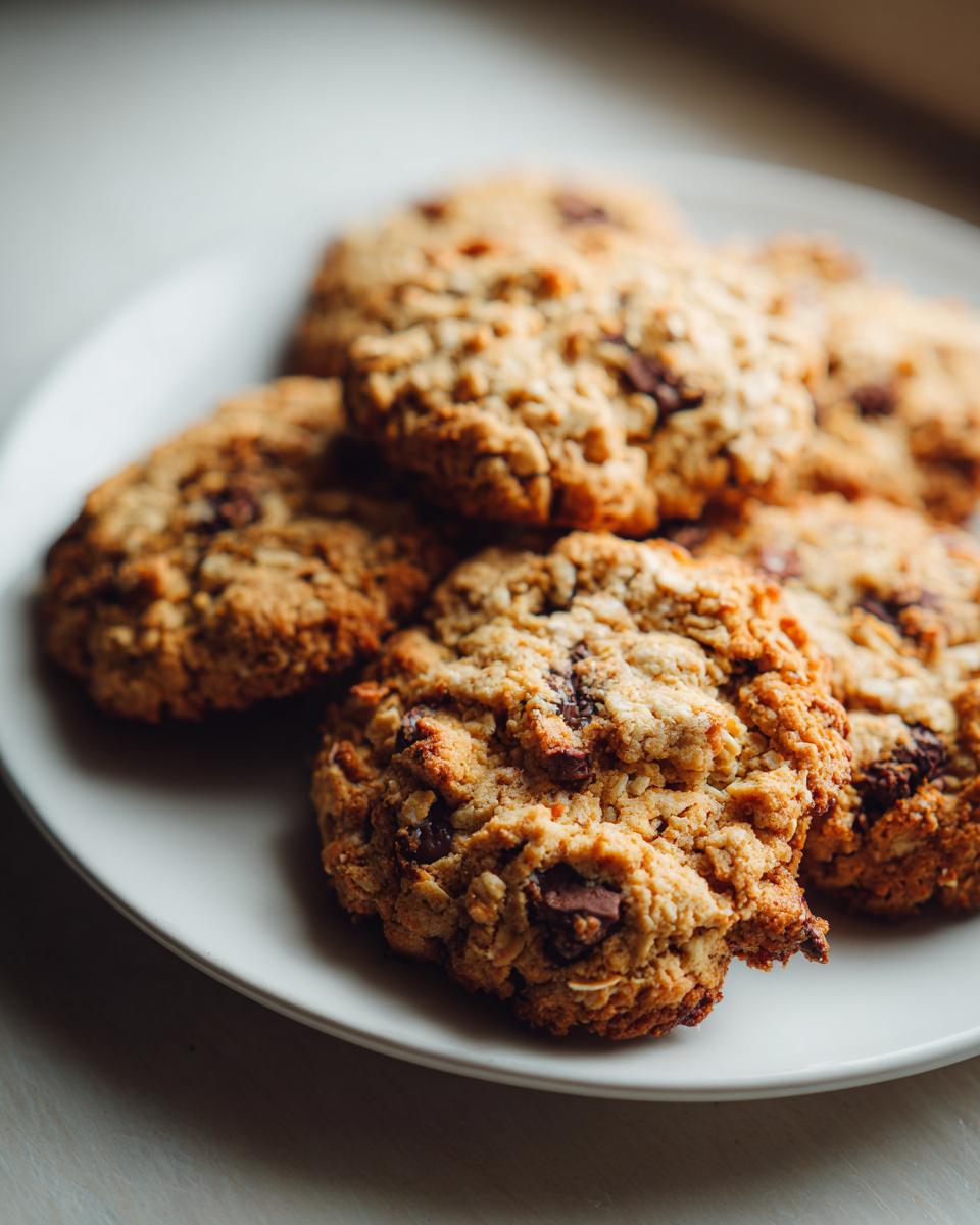 Close-up of several golden-brown chocolate chip breakfast cookies piled on a white plate.