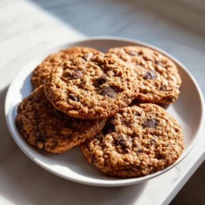 A plate piled high with golden brown chocolate chip breakfast cookies, featuring visible oats and chocolate chunks.