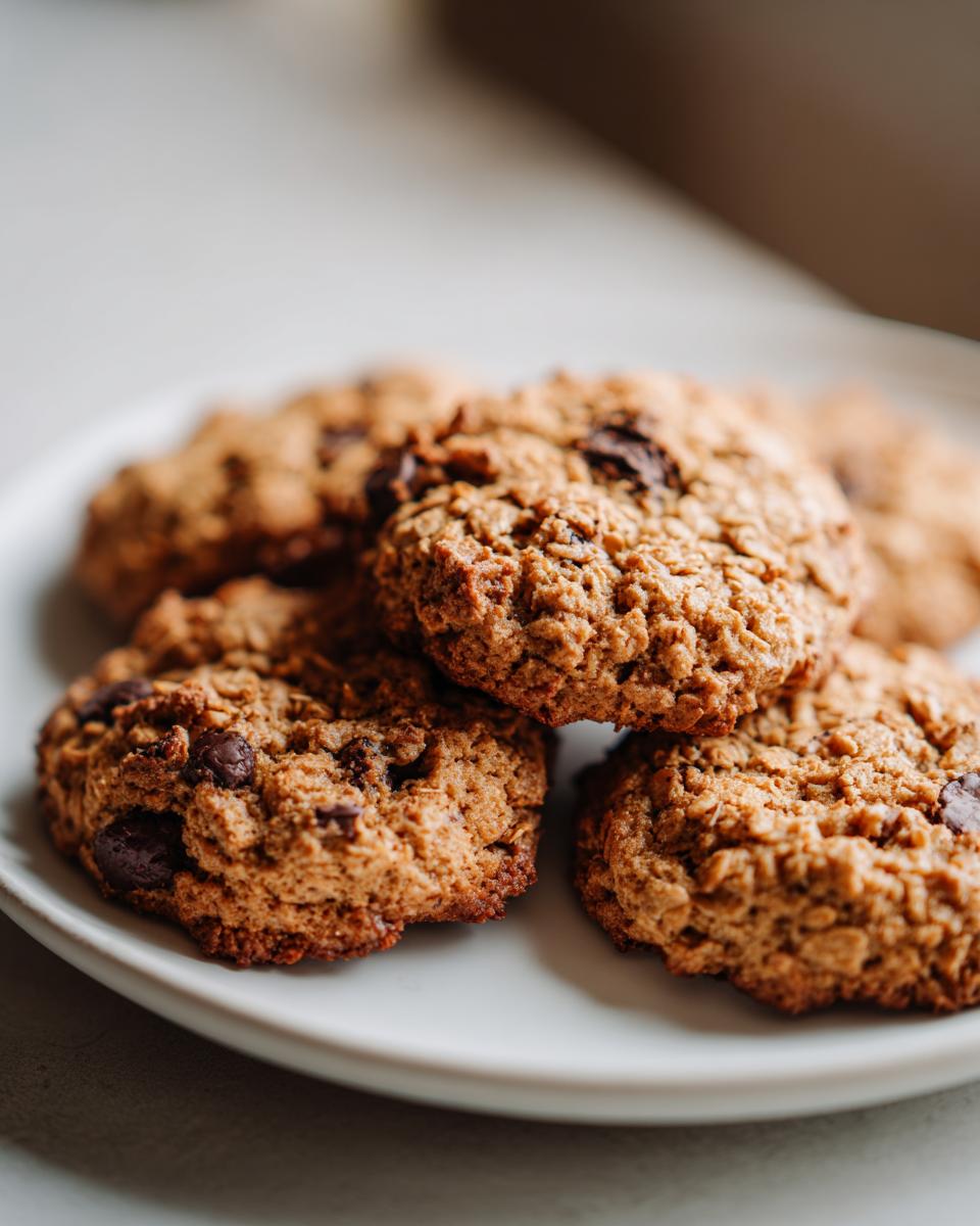 A close-up of several chocolate chip breakfast cookies piled on a white plate.