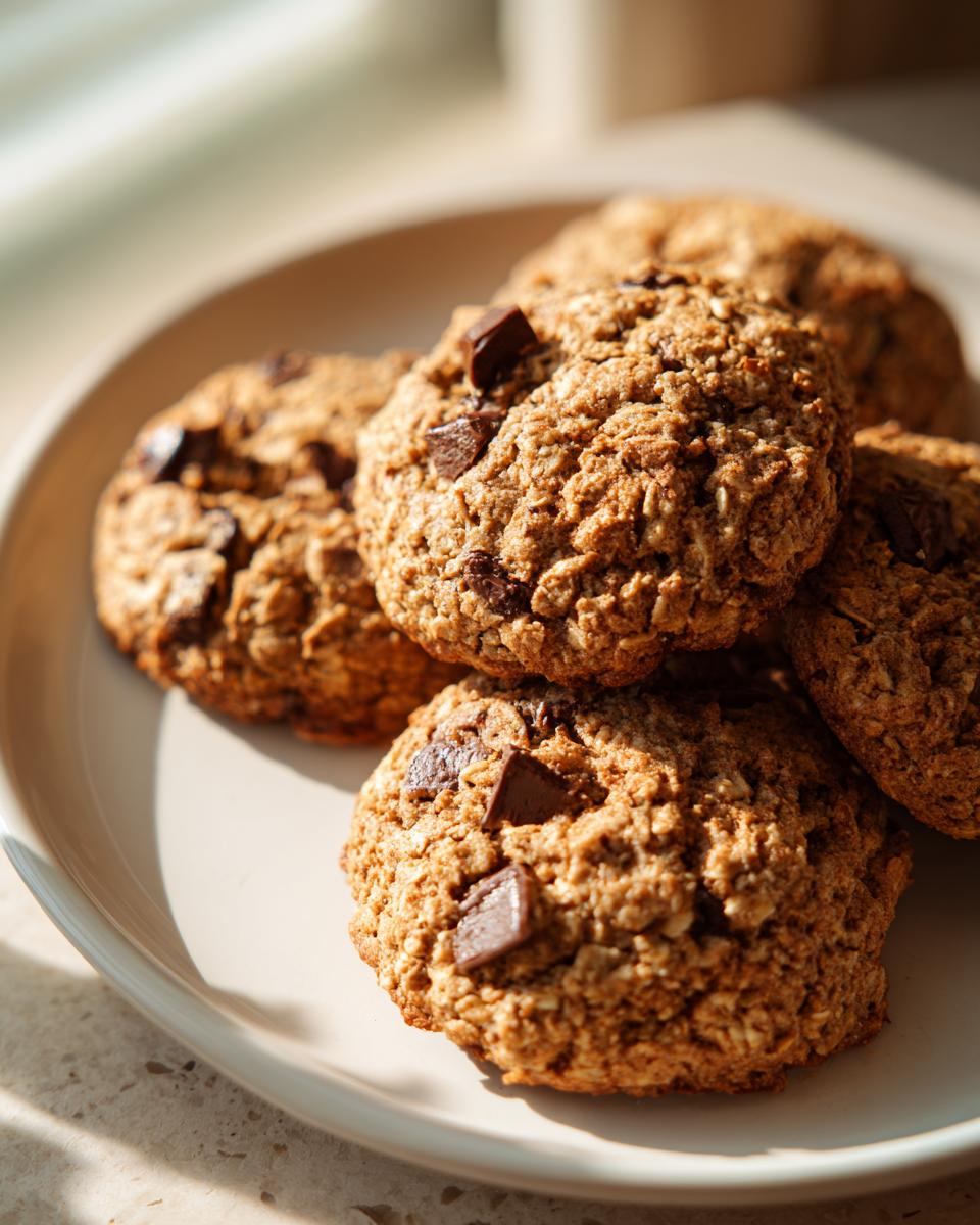 A close-up of several homemade chocolate chip breakfast cookies piled on a plate, bathed in warm sunlight.