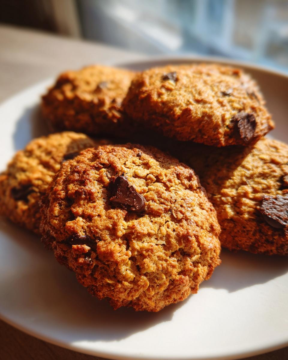Close-up of golden brown chocolate chip breakfast cookies with visible oats and chocolate chunks on a white plate.