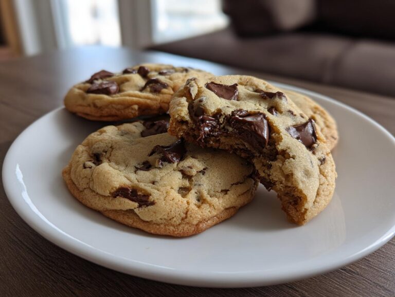 Close-up of delicious chocolate chip cookies on a white plate, one cookie broken in half.