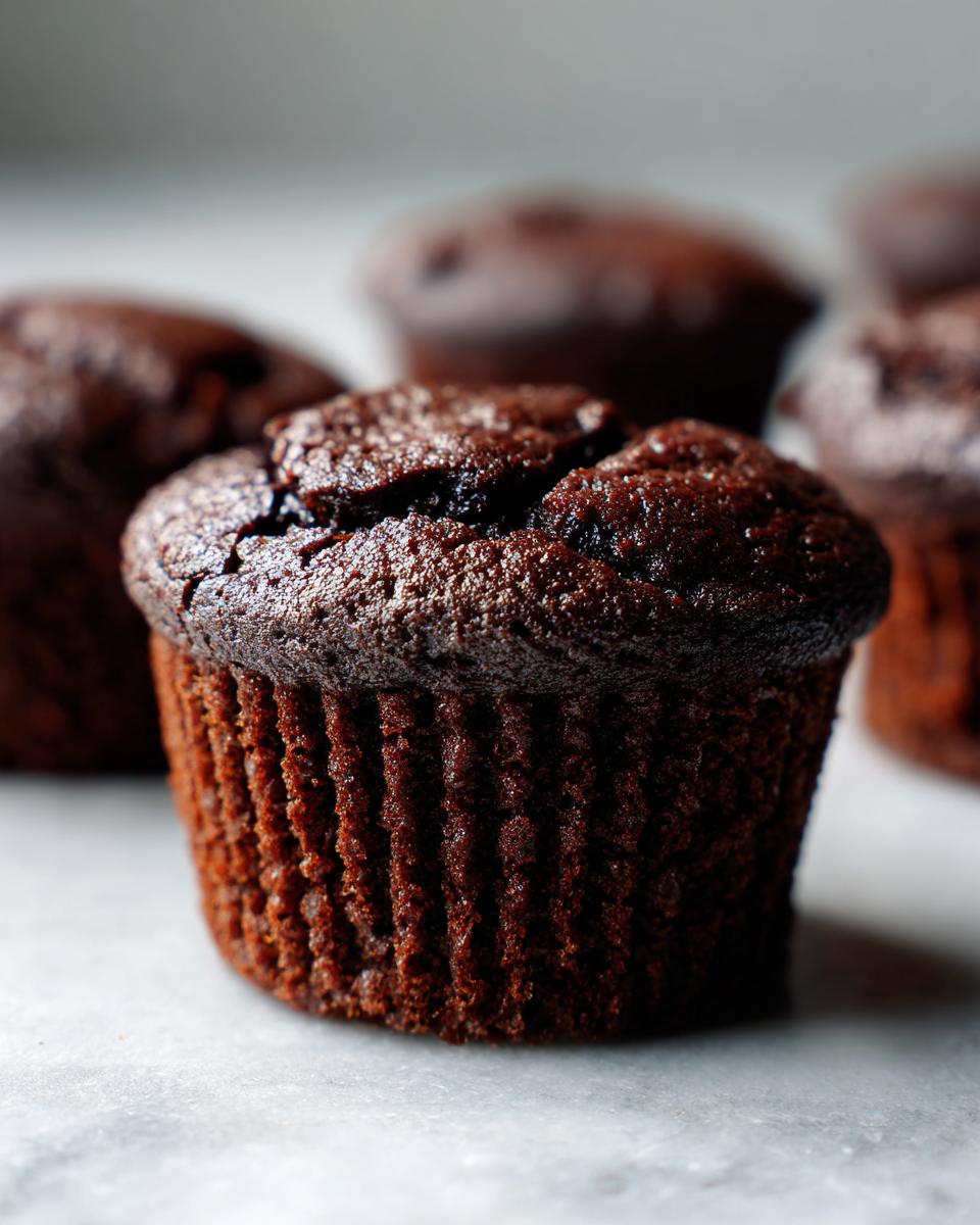 A close-up view of a moist chocolate cupcake with a slightly cracked top, showcasing its rich texture.