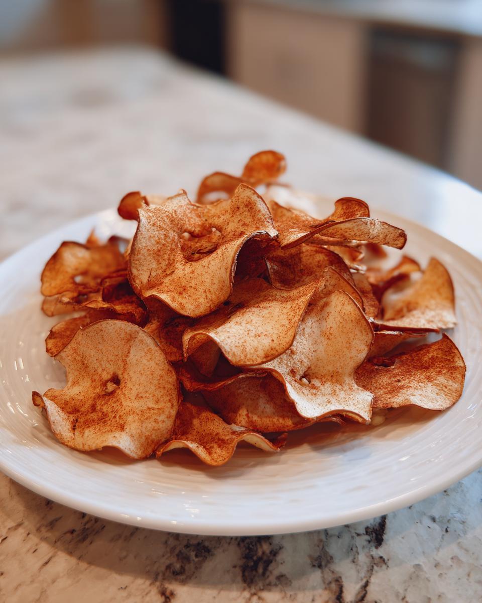 A pile of crispy cinnamon apple chips dusted with cinnamon, served on a white plate.