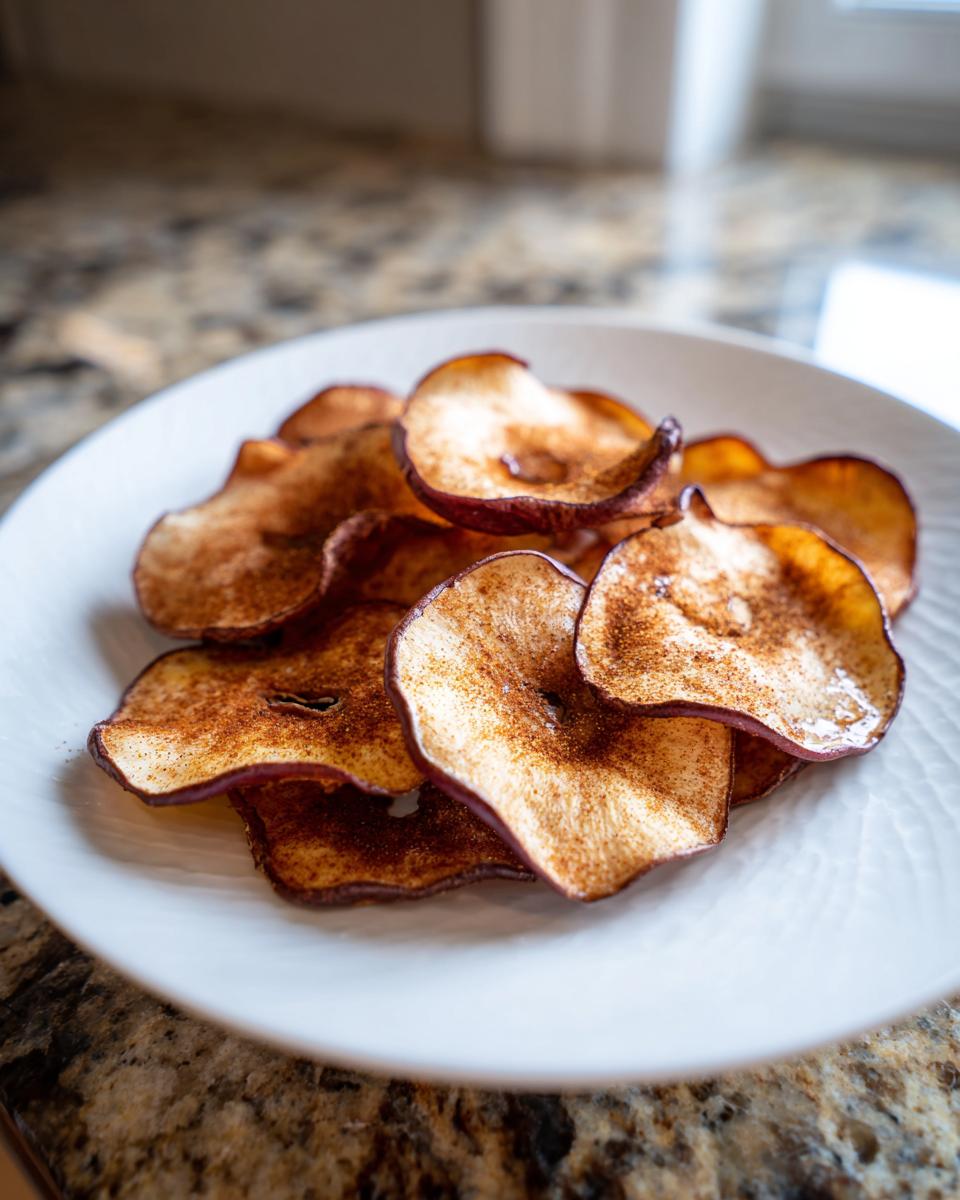 A pile of crispy cinnamon apple chips on a white plate, dusted with cinnamon.