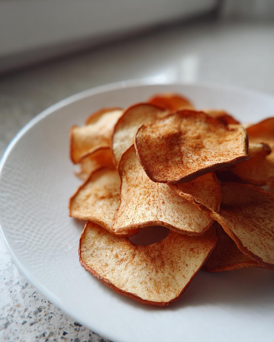 A close-up of a pile of crispy cinnamon apple chips dusted with cinnamon on a white plate.
