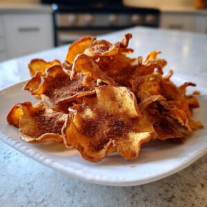A pile of crispy cinnamon apple chips on a white plate, dusted with cinnamon sugar.